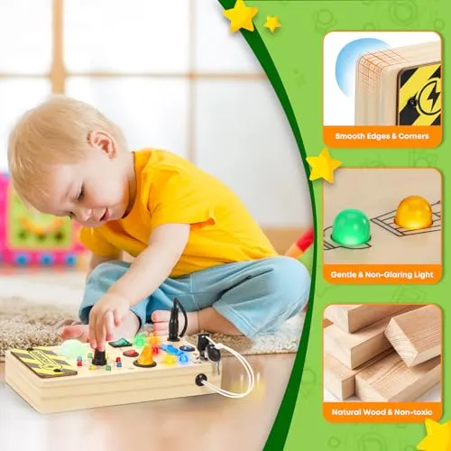 Ophy Giochi Montessori Busy Board 1 Anno, Bambini Giochi in Legno, Montessori Sensoriale con 9 Interruttori 16 Luci a LED, Giochi Educativi Giocattolo per Bambini 2 3 4 Anni