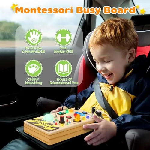 Ophy Giochi Montessori Busy Board 1 Anno, Bambini Giochi in Legno, Montessori Sensoriale con 9 Interruttori 16 Luci a LED, Giochi Educativi Giocattolo per Bambini 2 3 4 Anni