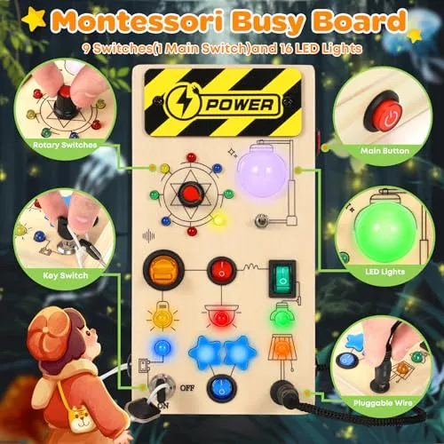Ophy Giochi Montessori Busy Board 1 Anno, Bambini Giochi in Legno, Montessori Sensoriale con 9 Interruttori 16 Luci a LED, Giochi Educativi Giocattolo per Bambini 2 3 4 Anni