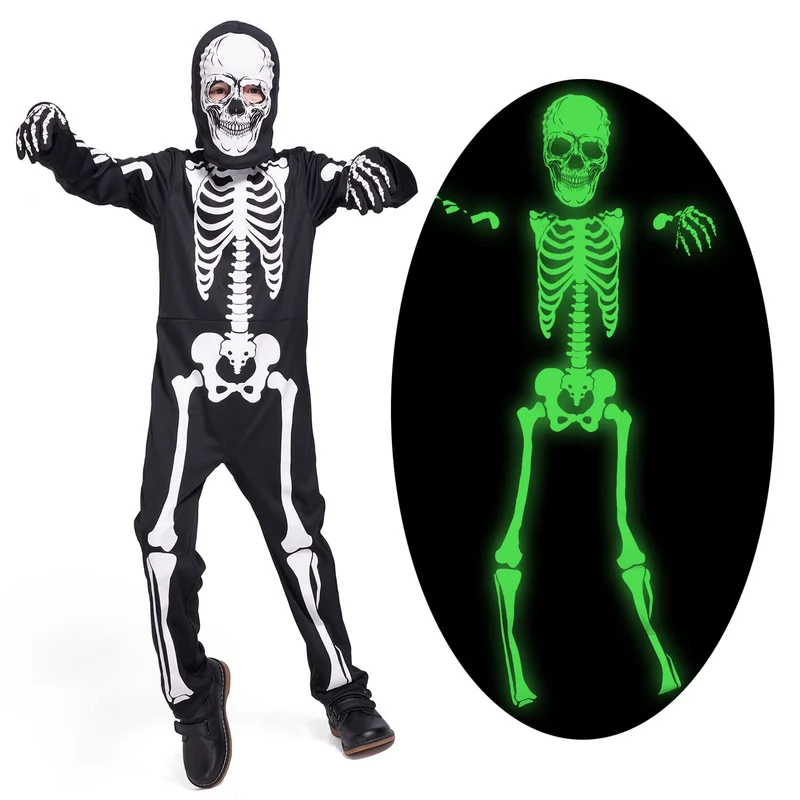 Sincere Party Costume da scheletro bagliore al buio con ossa con guanti, ottimo per bambini di 3-5 anni