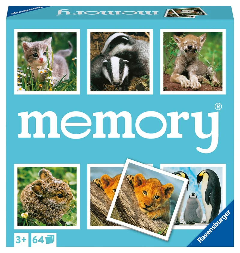 Ravensburger Memory Animal Babies, Puppies, Family Memory Game, età consigliata 3+, 64 carte, 20879 1, multicolore