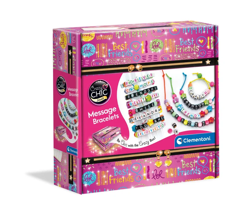 Clementoni Crazy Chic - Message Bracelets, Kit Gioielli Creativi per Bambini 7+ Anni, Braccialetti e Collane Personalizzabili con Lettere e Perline Colorate, Idea Regalo per Bambine, 18634