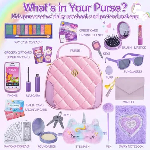 Regalo Bambina Giocattoli, Borsa per Bambina con Accessori - Trucchi Bambina Diario Maschera per Gli Occhi di Unicorno Portafoglio Telefono, Natale Compleanno Giochi Regalo Bambina 3 4 5 6 7 8 Anni