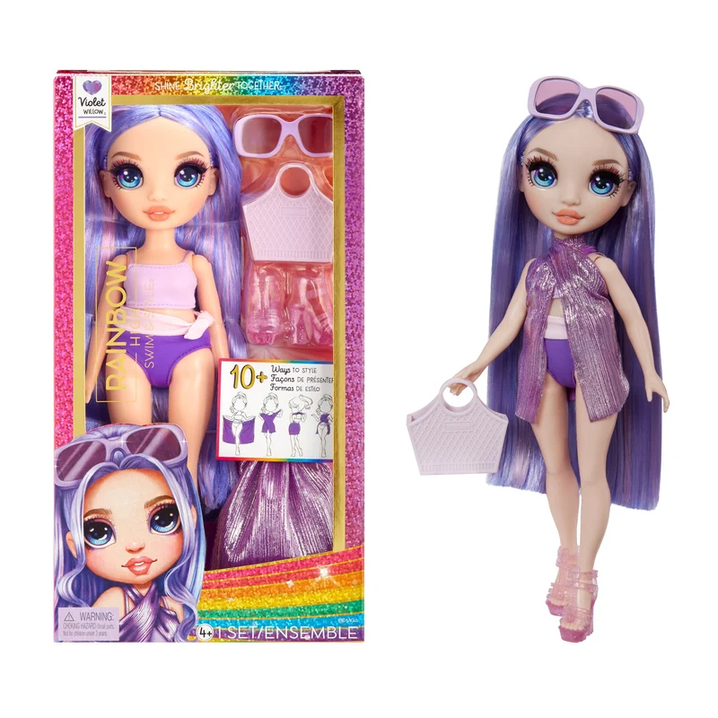 Rainbow High Swim & Style - Violet (viola) - Bambola da 28 cm con confezione scintillante e oltre 10 outfit - Costume da bagno rimovibile, sandali, accessori divertenti - Età 4-12 anni