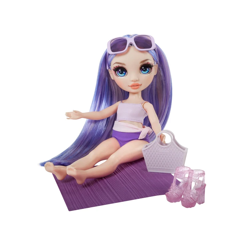 Rainbow High Swim & Style - Violet (viola) - Bambola da 28 cm con confezione scintillante e oltre 10 outfit - Costume da bagno rimovibile, sandali, accessori divertenti - Età 4-12 anni