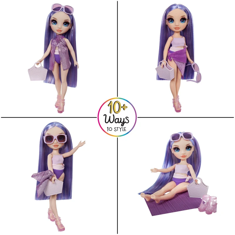 Rainbow High Swim & Style - Violet (viola) - Bambola da 28 cm con confezione scintillante e oltre 10 outfit - Costume da bagno rimovibile, sandali, accessori divertenti - Età 4-12 anni