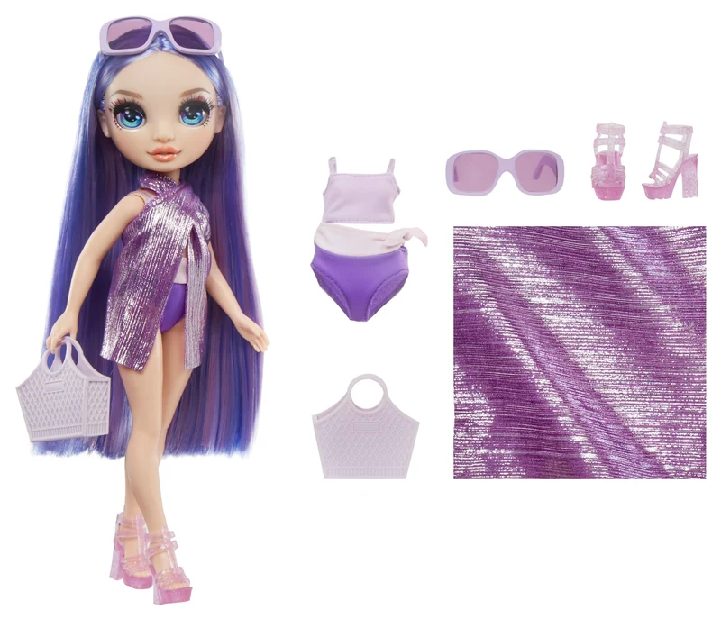 Rainbow High Swim & Style - Violet (viola) - Bambola da 28 cm con confezione scintillante e oltre 10 outfit - Costume da bagno rimovibile, sandali, accessori divertenti - Età 4-12 anni