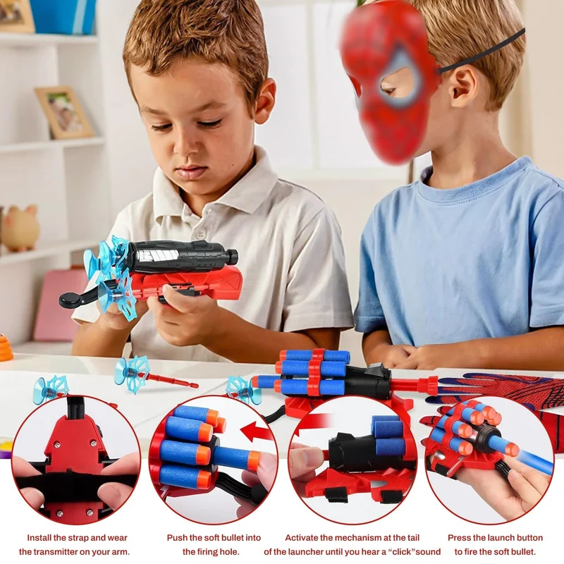 LIVESTN Set di 2 Spiderm Guanti per Bambino, Launcher Glove Guanti Launcher per Giochi con Spiderm Maschera e Spiderm Tatuaggi Spiderm Web Launcher Toy, Giocattolo Educativo per Bambini (D)