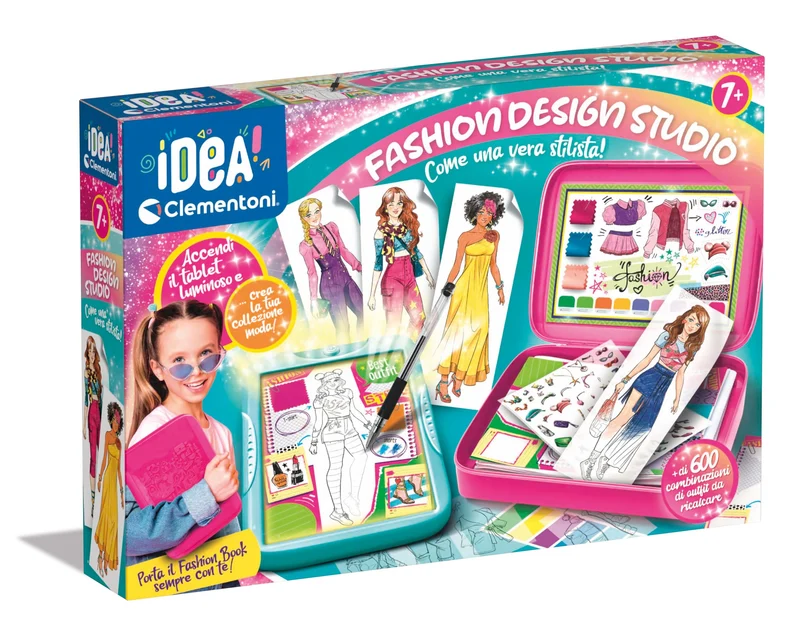 Clementoni Idea - Fashion Designer, Lavagna Luminosa Creativa per Bambine 7+ Anni, Set Abbigliamento con Supporto Pieghevole, Disegni e Modelli Unici, Gioco Creativo, Made in Italy, 18715
