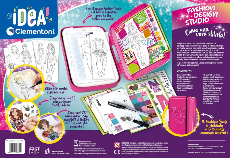 Clementoni Idea - Fashion Designer, Lavagna Luminosa Creativa per Bambine 7+ Anni, Set Abbigliamento con Supporto Pieghevole, Disegni e Modelli Unici, Gioco Creativo, Made in Italy, 18715