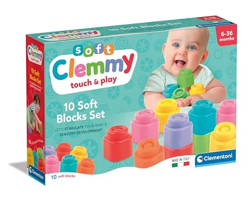 Clementoni - Mattoncini Costruzioni Morbide Soft Clemmy, Set 10 Mattoncini di Gomma Prima Infanzia per Bambini 6 Mesi, Gioco Sensoriale Impilabile e Lavabili, Made In Italy, 17988