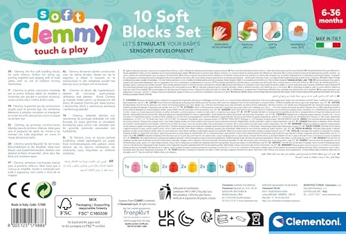 Clementoni - Mattoncini Costruzioni Morbide Soft Clemmy, Set 10 Mattoncini di Gomma Prima Infanzia per Bambini 6 Mesi, Gioco Sensoriale Impilabile e Lavabili, Made In Italy, 17988