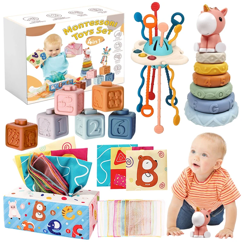 Giochi Montessori 6 Mesi -3 Anni, 4 in 1 Giochi Bambini 1 Anno, Giochi Neonato 6-9 mesi, Sensoriali Giochi Montessori 6-12 Mesi, Giocattolo Impilabile, Giochi Natale Compleanno per Bambini
