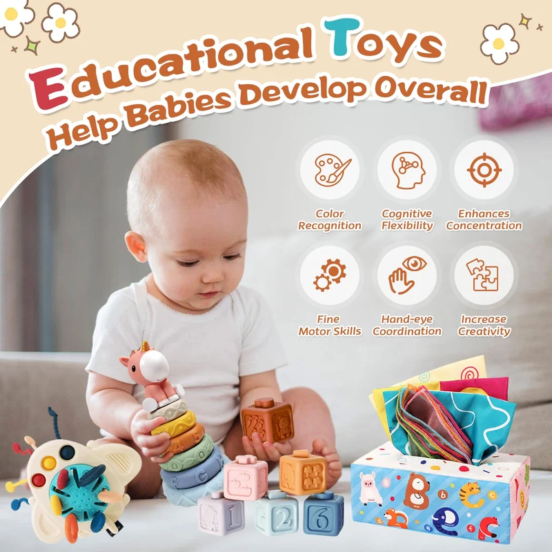 Giochi Montessori 6 Mesi -3 Anni, 4 in 1 Giochi Bambini 1 Anno, Giochi Neonato 6-9 mesi, Sensoriali Giochi Montessori 6-12 Mesi, Giocattolo Impilabile, Giochi Natale Compleanno per Bambini