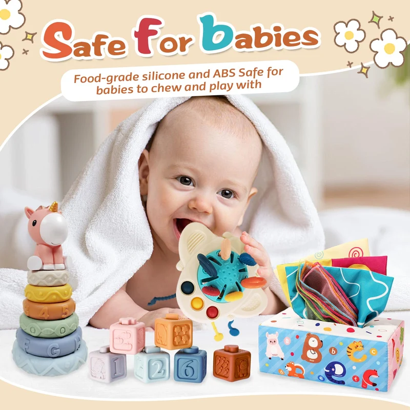 Giochi Montessori 6 Mesi -3 Anni, 4 in 1 Giochi Bambini 1 Anno, Giochi Neonato 6-9 mesi, Sensoriali Giochi Montessori 6-12 Mesi, Giocattolo Impilabile, Giochi Natale Compleanno per Bambini