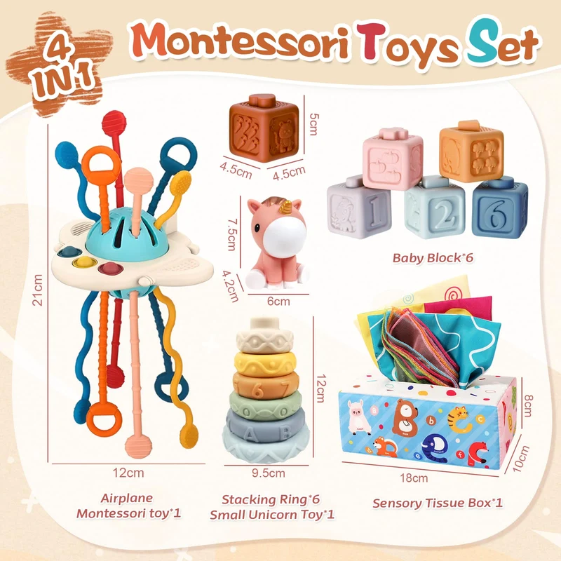Giochi Montessori 6 Mesi -3 Anni, 4 in 1 Giochi Bambini 1 Anno, Giochi Neonato 6-9 mesi, Sensoriali Giochi Montessori 6-12 Mesi, Giocattolo Impilabile, Giochi Natale Compleanno per Bambini