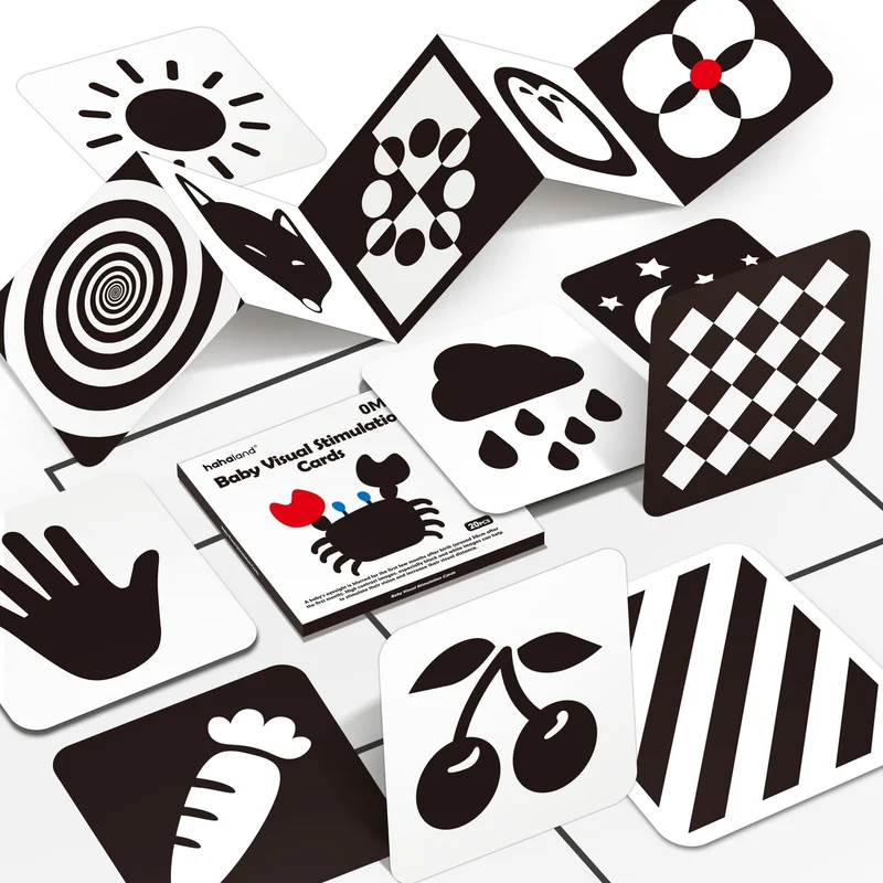 hahaland Carta Stimolazione Sensoriale Visiva, Flash Cards Neonati, Giochi Neonato 0-3-6 Mesi Carta Nero Bianco Alto Contrasto, 20 Pezzi 40 Immagini