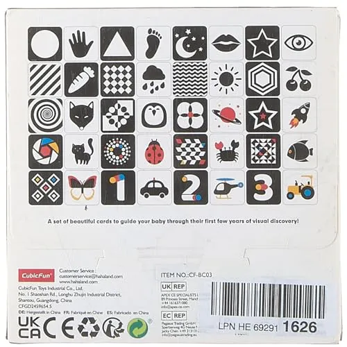 hahaland Carta Stimolazione Sensoriale Visiva, Flash Cards Neonati, Giochi Neonato 0-3-6 Mesi Carta Nero Bianco Alto Contrasto, 20 Pezzi 40 Immagini