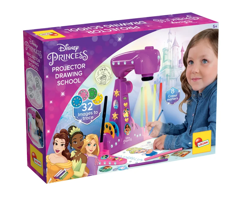 Lisciani Giochi- Princess Projector Drawing School, Proiettore, 4 Dischi, 8 Pennarelli, Fogli Bianchi, Manuale di Istruzioni, Adesivi, Diamantini, Multicolore, 92956
