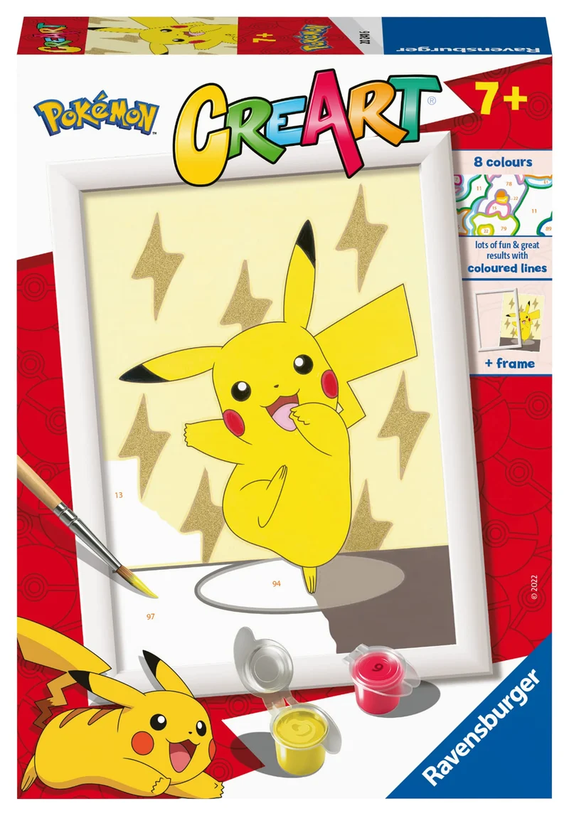 Ravensburger - CreArt Serie E, Pokémon, Pikachu, Dipingere con i Numeri, Kit Pittura Bambini, Cornice Inclusa, Gioco Educativo, Idea Regalo Bambino e Bambina 7+ Anni, 18x13 cm