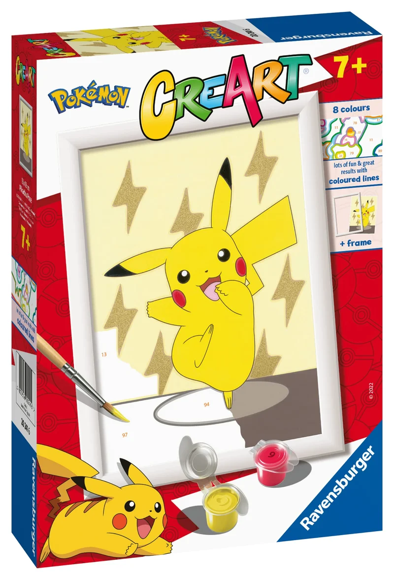Ravensburger - CreArt Serie E, Pokémon, Pikachu, Dipingere con i Numeri, Kit Pittura Bambini, Cornice Inclusa, Gioco Educativo, Idea Regalo Bambino e Bambina 7+ Anni, 18x13 cm