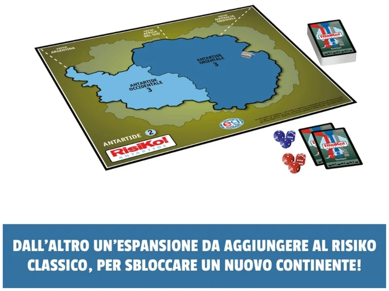 EDITRICE GIOCHI, Risiko! Antartide, Gioco di Strategia, 2 Giochi in Scatola in 1 per Sfide tra Amici e in Famiglia, Giochi da Tavolo per Adulti e Bambini, Espansione di Risiko e Gioco Singolo, 8+ Anni