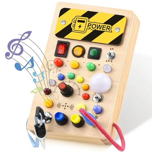 YIKANWEN Montessori Busy Board giocattolo da 1 2 3 anni, giocattolo in legno con musica e 10 LED interruttore della luce, giocattolo educativo sensoriale per neonati e ragazzi a partire da 1 2 3 4