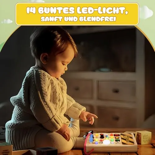 YIKANWEN Montessori Busy Board giocattolo da 1 2 3 anni, giocattolo in legno con musica e 10 LED interruttore della luce, giocattolo educativo sensoriale per neonati e ragazzi a partire da 1 2 3 4