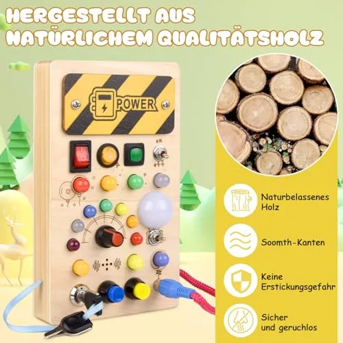 YIKANWEN Montessori Busy Board giocattolo da 1 2 3 anni, giocattolo in legno con musica e 10 LED interruttore della luce, giocattolo educativo sensoriale per neonati e ragazzi a partire da 1 2 3 4