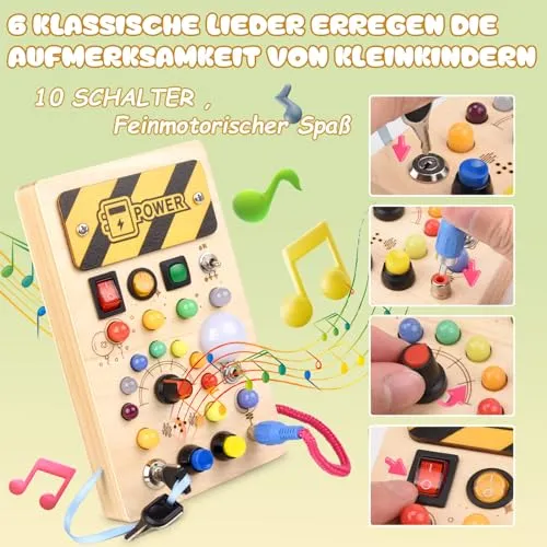 YIKANWEN Montessori Busy Board giocattolo da 1 2 3 anni, giocattolo in legno con musica e 10 LED interruttore della luce, giocattolo educativo sensoriale per neonati e ragazzi a partire da 1 2 3 4