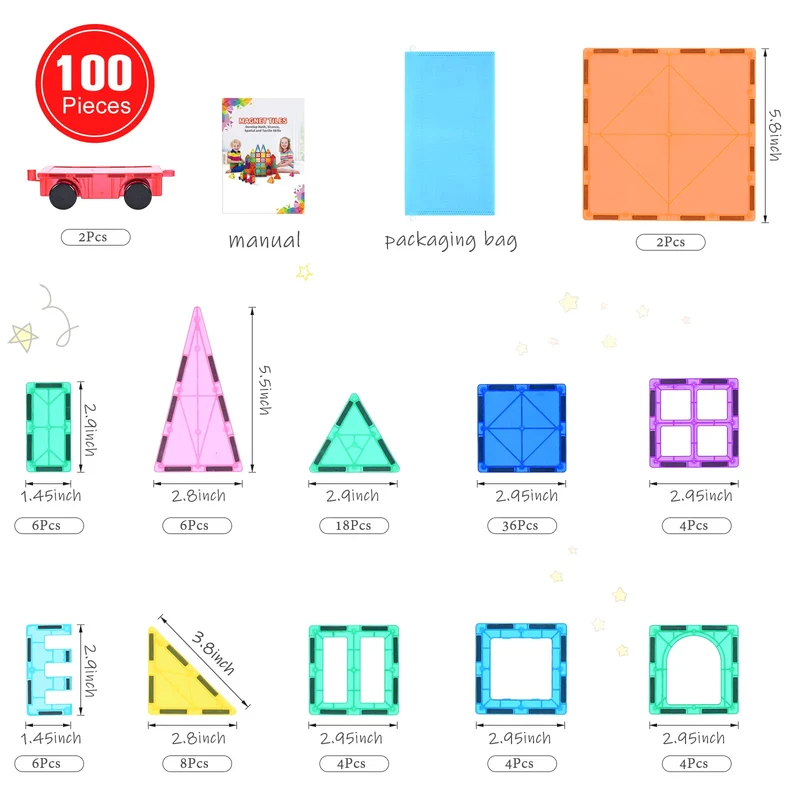 Katiago Costruzioni Magnetici per Bambini 100 pezzi 3D Costruzioni Magnetiche Blocchi Magneti Bambini Stem Creatività Giocattoli Educativi Regali per Oltre 3 anni (100 psc)