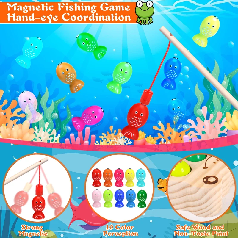 ZLPBAO Giochi Montessori, Giochi di Pesca per Bambini Magnetici in Legno mit 10 Pesci e Due Canne da Pesca, Giochi Montessori Bambini 2 3 4 Anni, Regalo Maschio Bambino Giochi 2 3 4 Anni