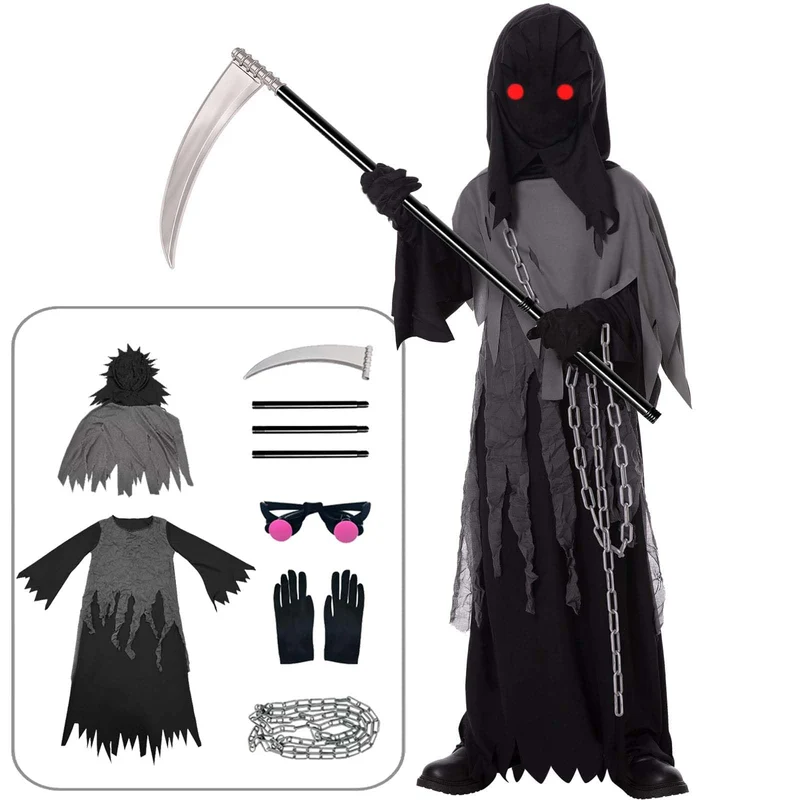 Tosekry Costume Halloween Bambino Vestito Halloween Bambino, Costumi Halloween Bambini Halloween Costume Bambino con Falce, Occhiali Luminosi e Catene (8-10 anni)