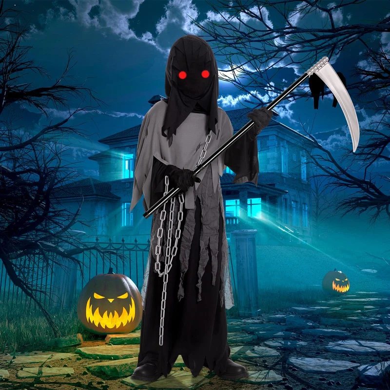 Tosekry Costume Halloween Bambino Vestito Halloween Bambino, Costumi Halloween Bambini Halloween Costume Bambino con Falce, Occhiali Luminosi e Catene (8-10 anni)