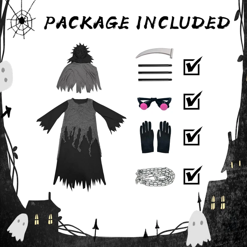 Tosekry Costume Halloween Bambino Vestito Halloween Bambino, Costumi Halloween Bambini Halloween Costume Bambino con Falce, Occhiali Luminosi e Catene (8-10 anni)