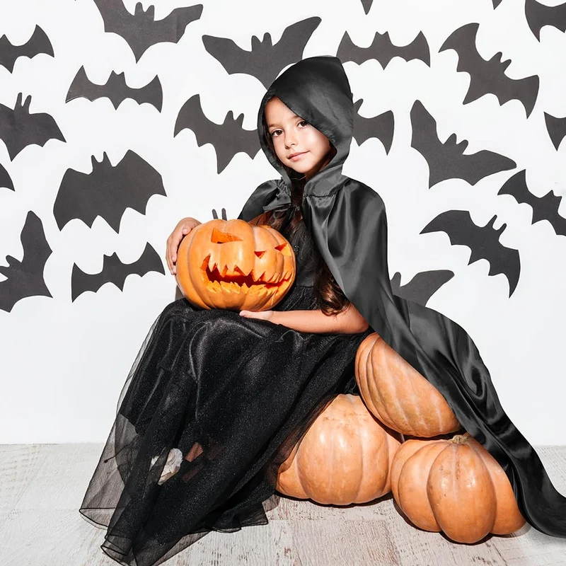 Aomig Mantello di Nero, Mantello Halloween con Cappuccio Lungo Capo Costume, Mantello da Vampiro per Bambino di Travestimento, Halloween, Feste in Famiglia,100cm