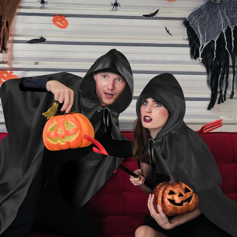 Aomig Mantello di Nero, Mantello Halloween con Cappuccio Lungo Capo Costume, Mantello da Vampiro per Bambino di Travestimento, Halloween, Feste in Famiglia,100cm