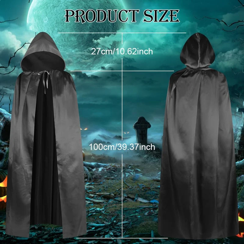Aomig Mantello di Nero, Mantello Halloween con Cappuccio Lungo Capo Costume, Mantello da Vampiro per Bambino di Travestimento, Halloween, Feste in Famiglia,100cm