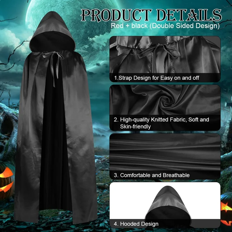 Aomig Mantello di Nero, Mantello Halloween con Cappuccio Lungo Capo Costume, Mantello da Vampiro per Bambino di Travestimento, Halloween, Feste in Famiglia,100cm