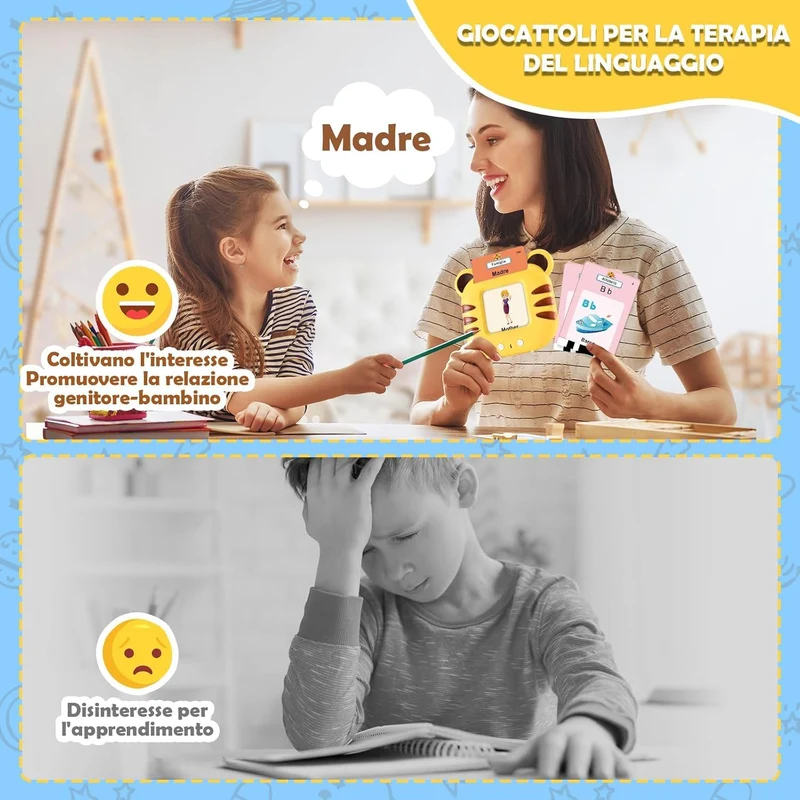 CUTEEEE Schede Flash Cards Parlanti Italiano Inglese, Giochi Bambini Educativi 1 2 3 4 5 6 Anni, Talking Carta Flash Regalo, Giocattoli Apprendimento Interattivi 224 Parole