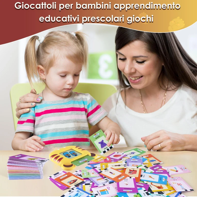 CUTEEEE Schede Flash Cards Parlanti Italiano Inglese, Giochi Bambini Educativi 1 2 3 4 5 6 Anni, Talking Carta Flash Regalo, Giocattoli Apprendimento Interattivi 224 Parole