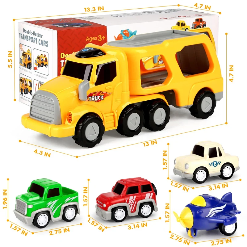 Aoskie Camion Macchinine 2 3 4 Anni, 5 in 1 con Suoni e Luci, 4 Mini Cars, Giocattolo Regalo per Bambino