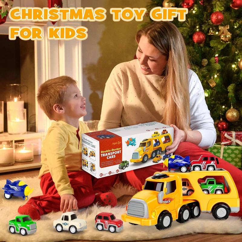 Aoskie Camion Macchinine 2 3 4 Anni, 5 in 1 con Suoni e Luci, 4 Mini Cars, Giocattolo Regalo per Bambino