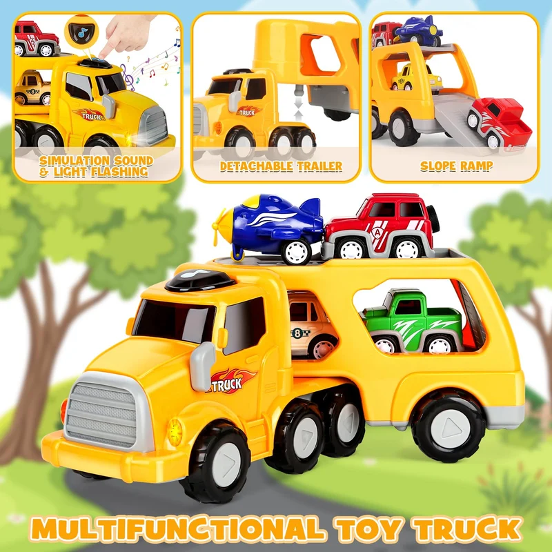 Aoskie Camion Macchinine 2 3 4 Anni, 5 in 1 con Suoni e Luci, 4 Mini Cars, Giocattolo Regalo per Bambino
