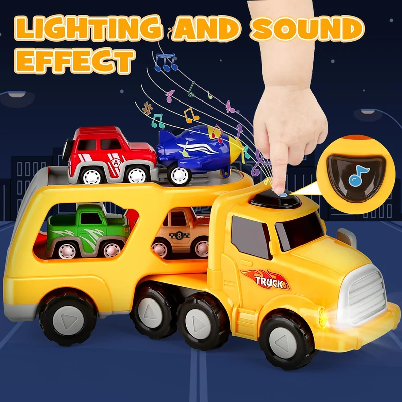Aoskie Camion Macchinine 2 3 4 Anni, 5 in 1 con Suoni e Luci, 4 Mini Cars, Giocattolo Regalo per Bambino
