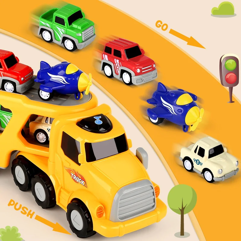 Aoskie Camion Macchinine 2 3 4 Anni, 5 in 1 con Suoni e Luci, 4 Mini Cars, Giocattolo Regalo per Bambino