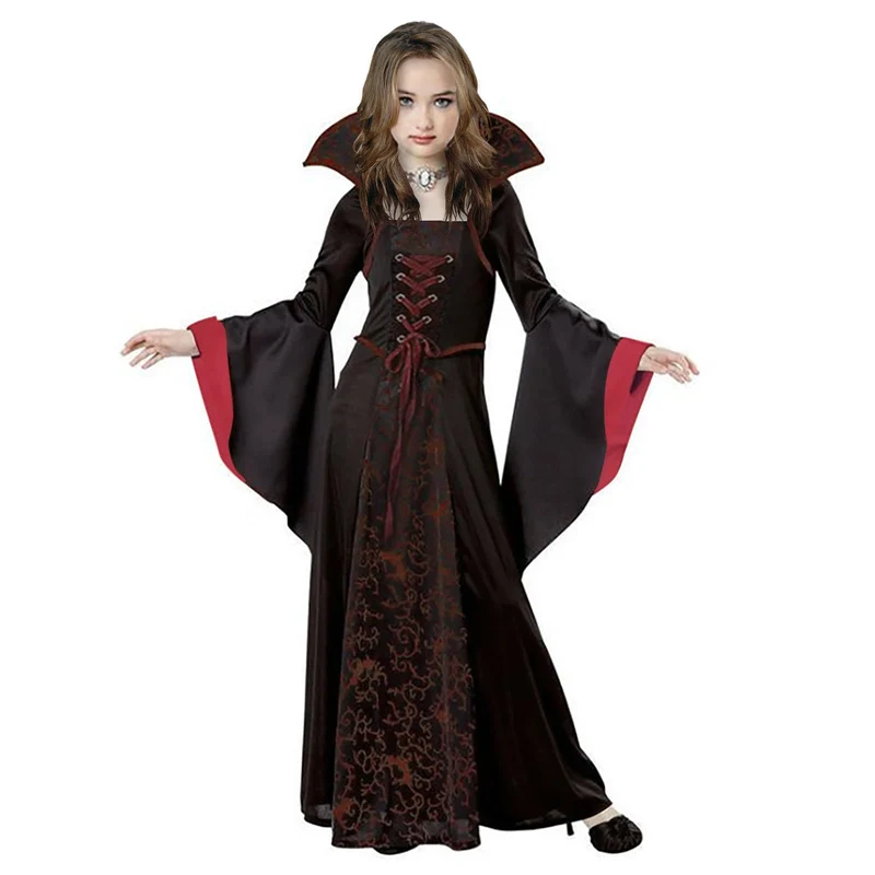 PABTID Costume da Vampiro per Bambina e Ragazza Halloween Dress Up Party Travestimento Gotico Victorian Vampira Cosplay Carnevale Festa a Tema Vampiro (140)