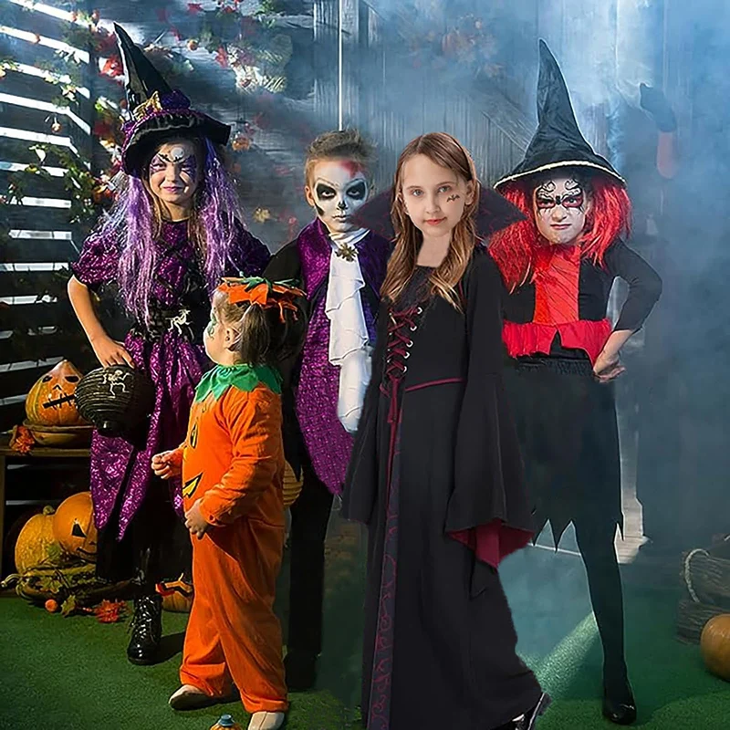PABTID Costume da Vampiro per Bambina e Ragazza Halloween Dress Up Party Travestimento Gotico Victorian Vampira Cosplay Carnevale Festa a Tema Vampiro (140)