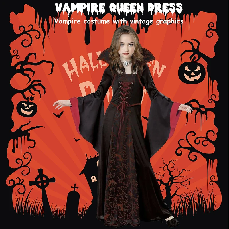 PABTID Costume da Vampiro per Bambina e Ragazza Halloween Dress Up Party Travestimento Gotico Victorian Vampira Cosplay Carnevale Festa a Tema Vampiro (140)