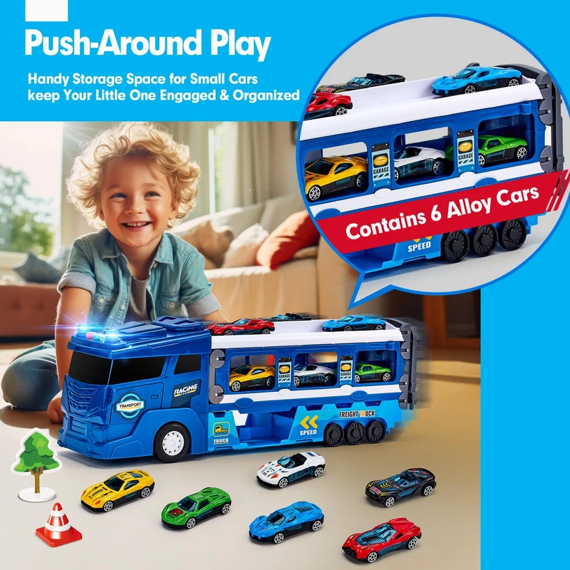 hahaland Camion Giocattolo Trasforma in Pista da Corsa, con 6 Macchinine per Bambini, Camion con Luci e Suoni, Pista Macchinine 2 3 Anni, Regalo Bambino 2 anni